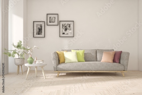 White living room with sofa. Scandinavian interior design. 3D illustration