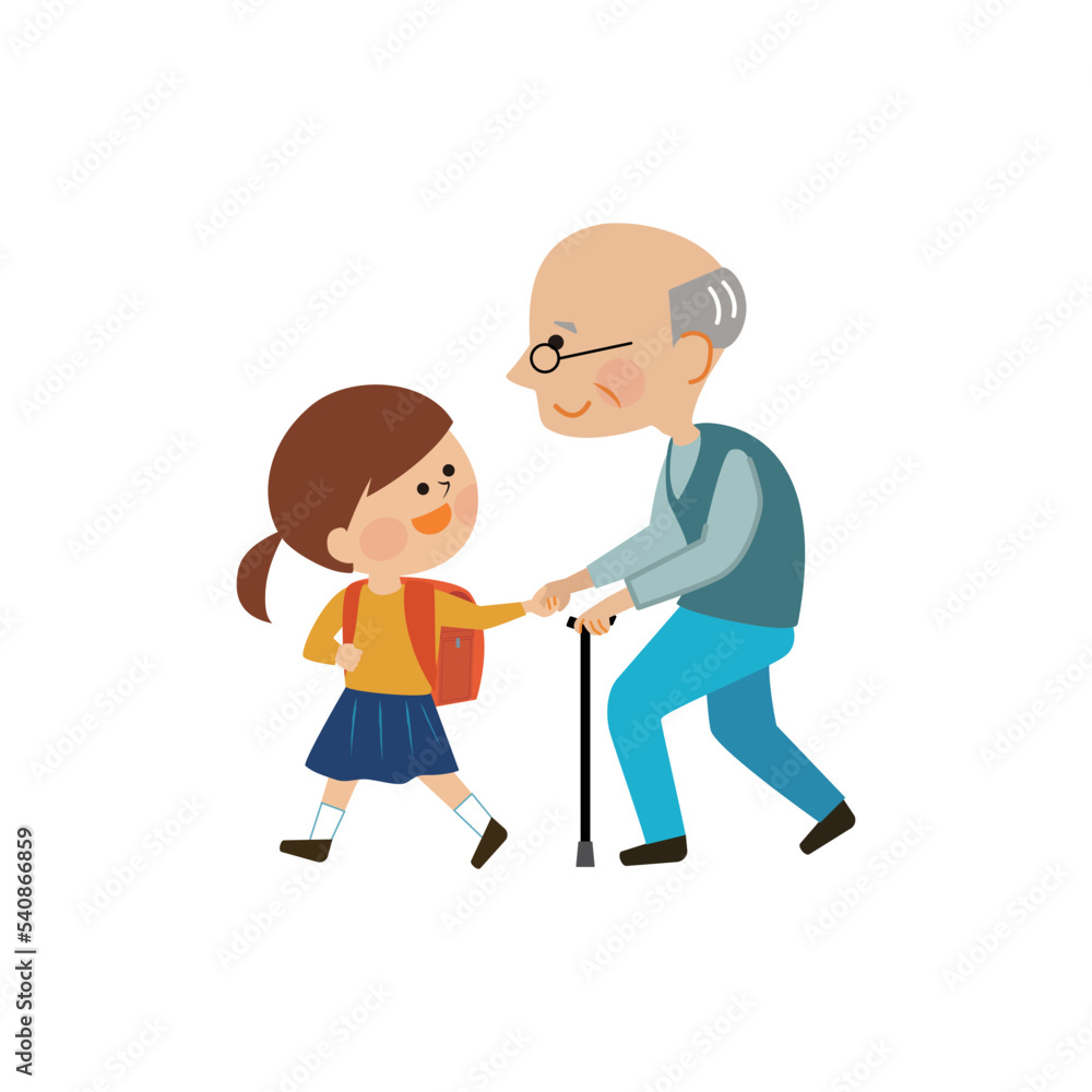 高齢者と手を繋いで歩く子供
