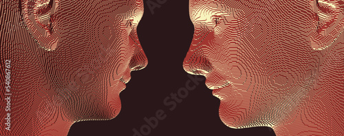 Portrait of a two happy smiling men. Abstract digital human head constructing from cubes. Technology and robotics concept. Voxel art. 3D vector illustration for presentations, flyers or posters.