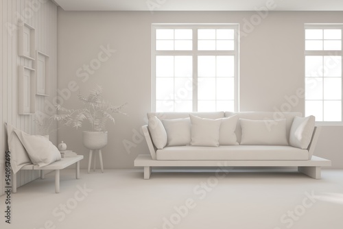 Mock up of minimalist living room in white color with sofa. Scandinavian interior design. 3D illustration