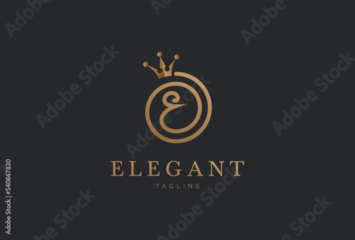 Letter E Logo, elegant letter E with crown in gold colour,  vector illustration