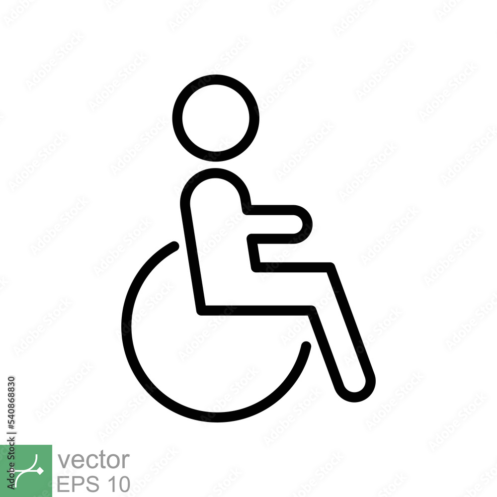 Handicapped patient icon. Simple outline style. Linear style sign, wheelchair, handicap, pictogram, stick, medicine, hospital concept. Line vector illustration isolated on white background. EPS 10. Handicapped patient icon. Simple outline style. Linear style sign, wheelchair, handicap, pictogram, stick, medicine, hospital concept. Line vector illustration isolated on white background. EPS 10.