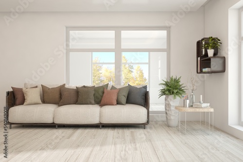 Stylish room in white color with sofa and autumn landscape in window. Scandinavian interior design. 3D illustration