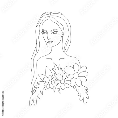 Beautiful young woman with flowers in the style of line art