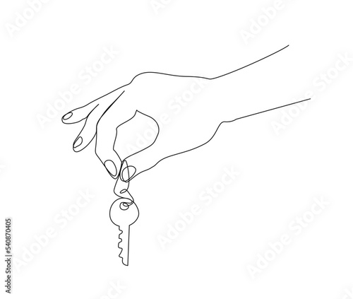 Continuous one line drawing of hand holds the keys to the house. House Key simple line art vector design.