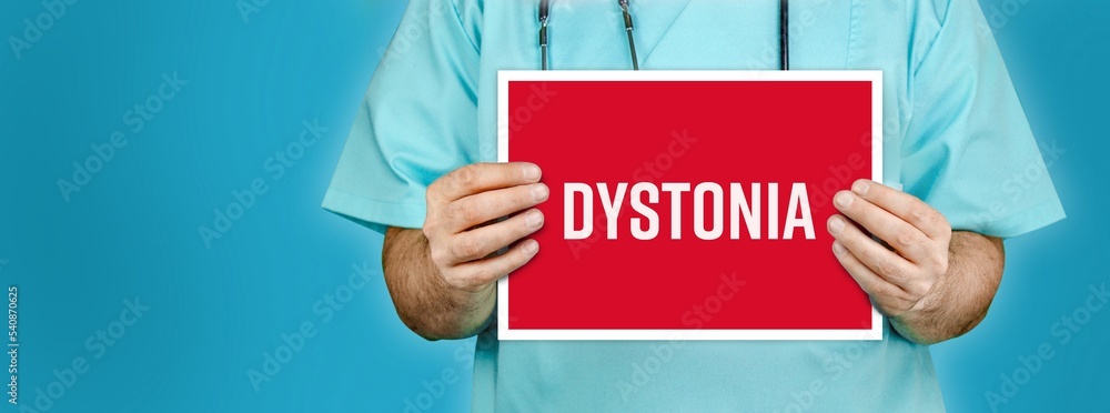 Dystonia. Doctor shows red sign with medical word on it. Blue background. Dystonia. Doctor shows red sign with medical word on it. Blue background.