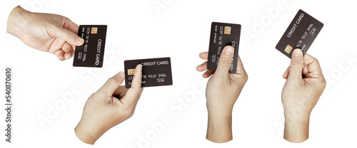 A set, group of male hand hold a credit card isolated on transparent background..