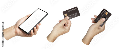 A set, group of male hand hold a credit card and cell phone blank screen isolated on transparent background..