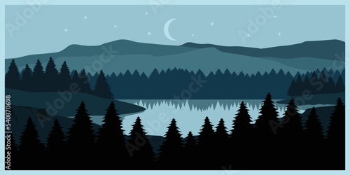 mountain lake pine tree night landscape vintage poster illustration design, natural scenery landscape on the night