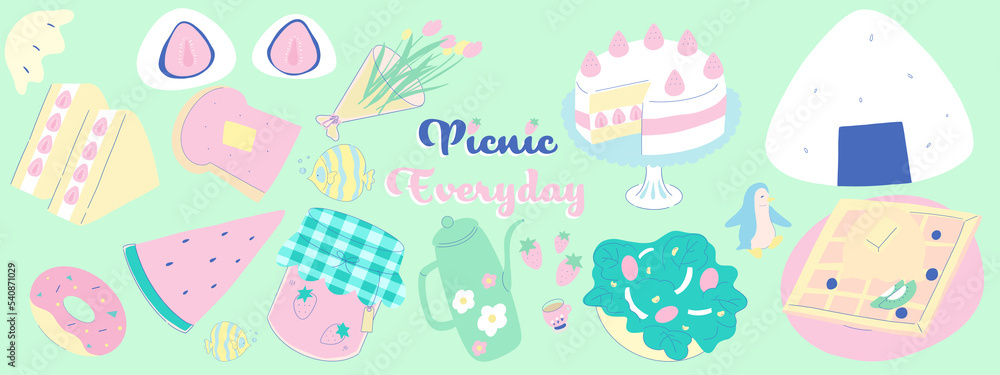 Set of food and dessert element illustration for picnic or breakfast meal for sticker or poster background Set of food and dessert element illustration for picnic or breakfast meal for sticker or poster background