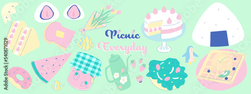 Set of food and dessert element illustration for picnic or breakfast meal for sticker or poster background