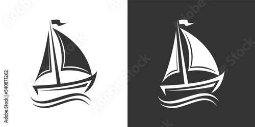 Boat, yacht, sailing boat, cargo ship. Water transportation on white and black background