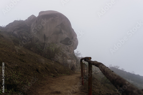 Giant skull shaped rock in a pathway inside Lomas de Lachay, reserved area in Lima Peru.