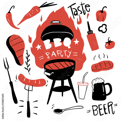 Set of barbecue elements drawn in doodle vector. For the design of the menu of cafes and restaurants.