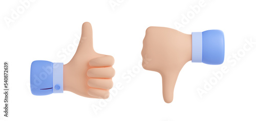 3D render set of like and dislike hand sign icons isolated on white background. Thumbs-up and thumbs-down gesture illustration. Symbol of approval and disapproval. Social media feedback emoji design photo