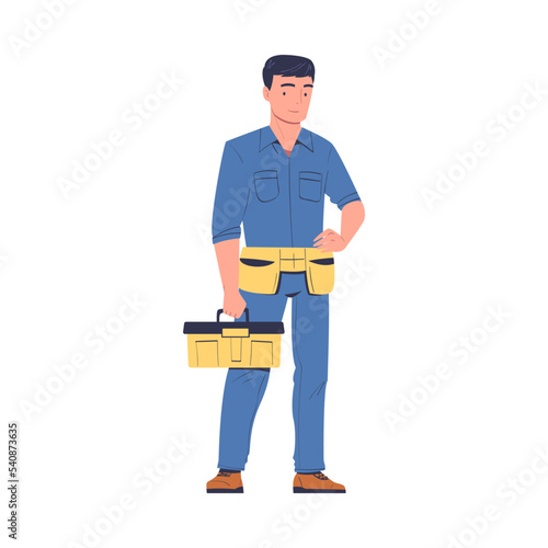 Repairman in Blue Overalls Standing with Toolbox and Yellow Belt with Instrument for Working and Fixing Vector Illustration