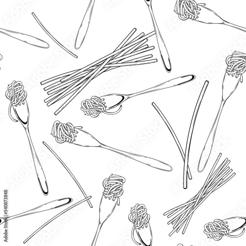Hand drawn seamless pattern black and white of pasta, spaghetti. Vector illustration. Elements in graphic style label, sticker, menu, package