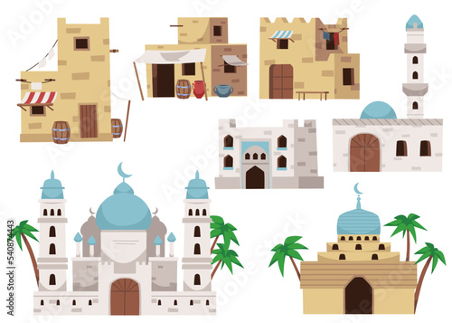Arabian buildings and islamic prayer houses set, flat vector illustration isolated on white background.
