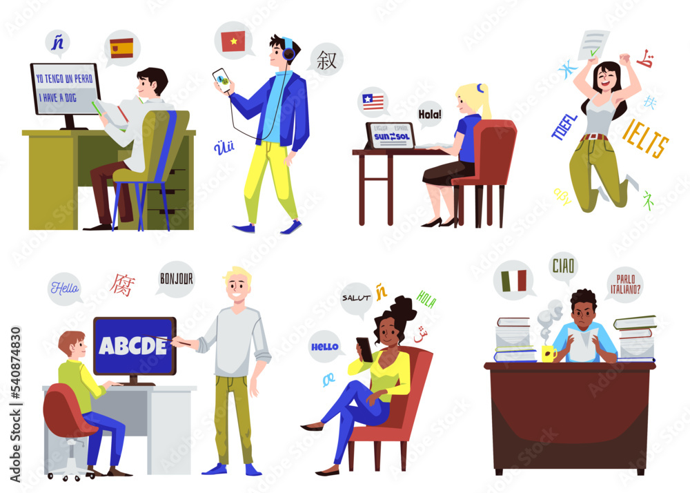 Set of people learning different languages online flat style