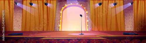 Concert hall, tv studio, karaoke or comedy show stage with microphone, spotlights, yellow curtains and auditorium seats. Empty scene for music festival, performance, vector cartoon illustration