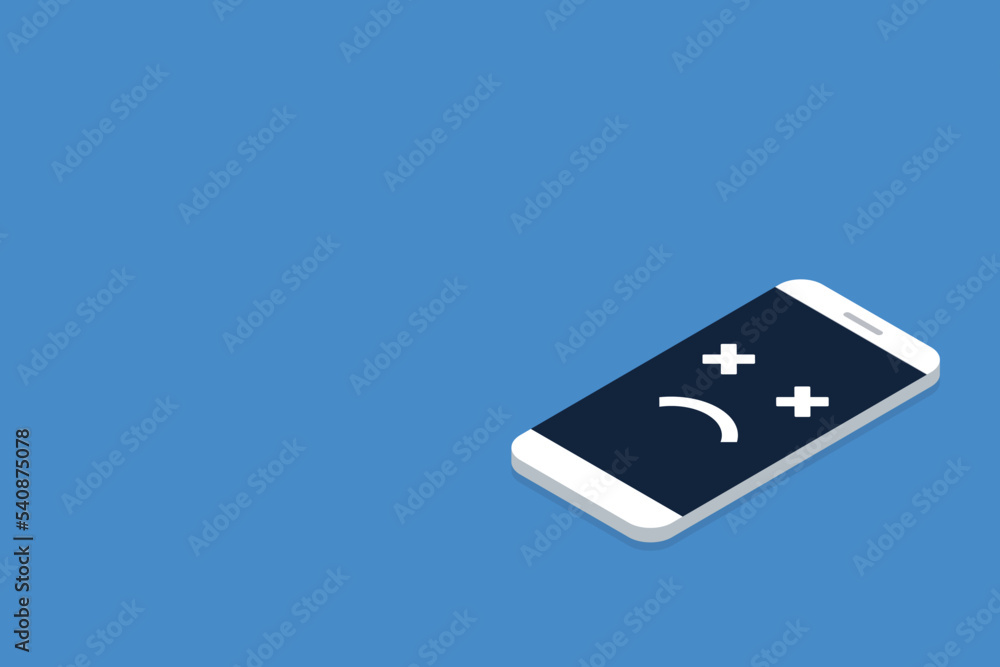 Broken phone. Broken smartphone with sad smile. Broken phone. Broken smartphone with sad smile.