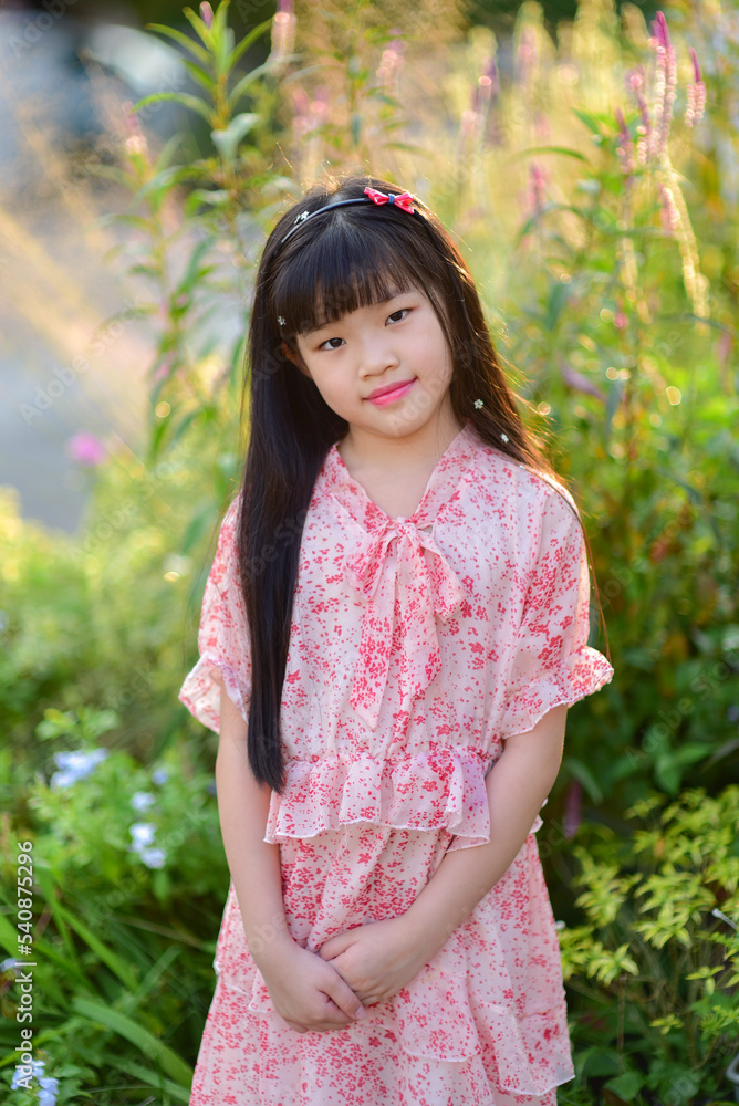 Portrait of a beautiful Asian girl 9 years old with long hair in garden Portrait of a beautiful Asian girl 9 years old with long hair in garden