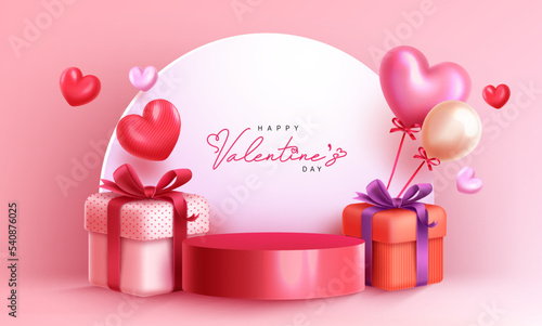 Valentine's podium vector background design. Happy valentine's day text in empty space with stage and gift box for product display presentation. Vector Illustration.
