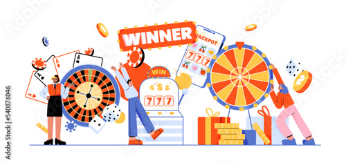 Gambling, online casino poster with winner banner, jackpot in slot machine and on mobile phone screen, woman spin wheel of fortune, happy man, croupier and roulette, vector flat illustration