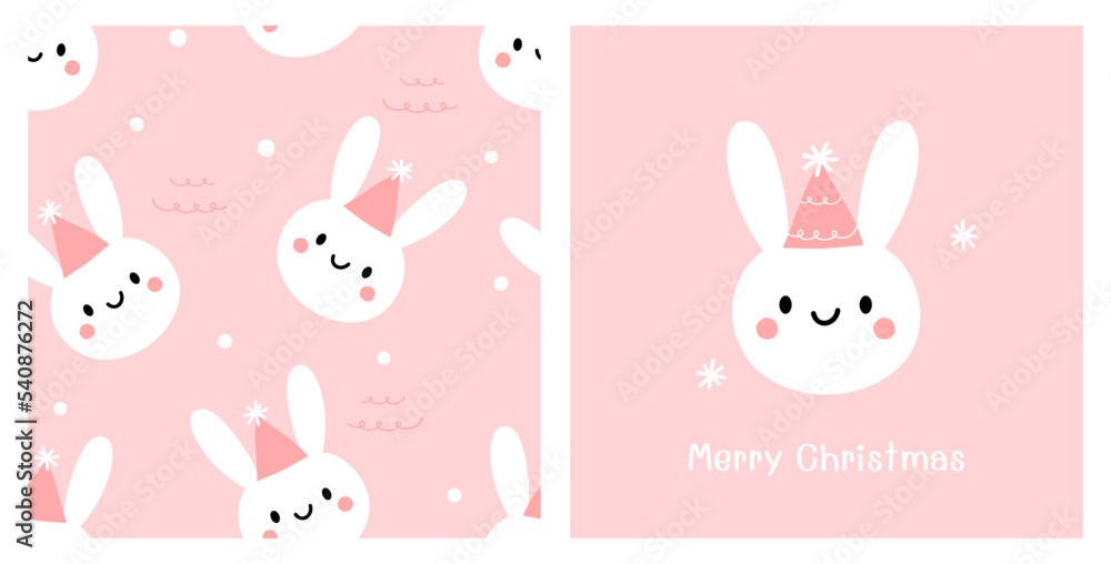 Seamless pattern with rabbit face and snowflakes on pink background. Rabbit cartoon, snow and hand written fonts on pink background vector illustration. Seamless pattern with rabbit face and snowflakes on pink background. Rabbit cartoon, snow and hand written fonts on pink background vector illustration.