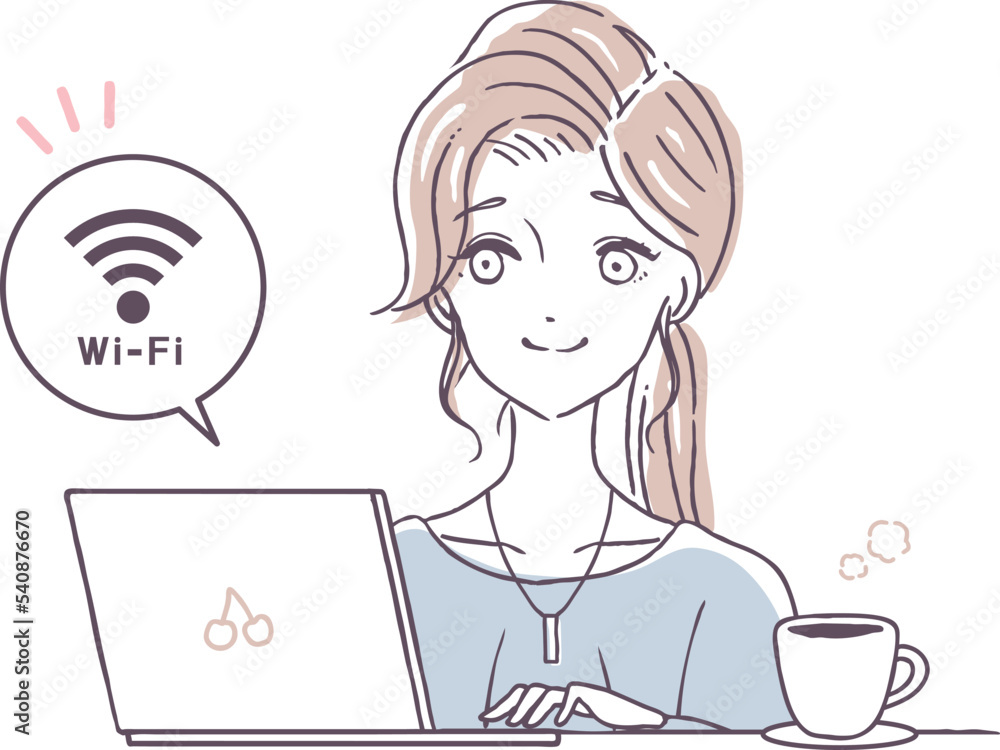 ノートパソコンをWi-Fiに繋ぐおしゃれな女性の人物イラスト素材