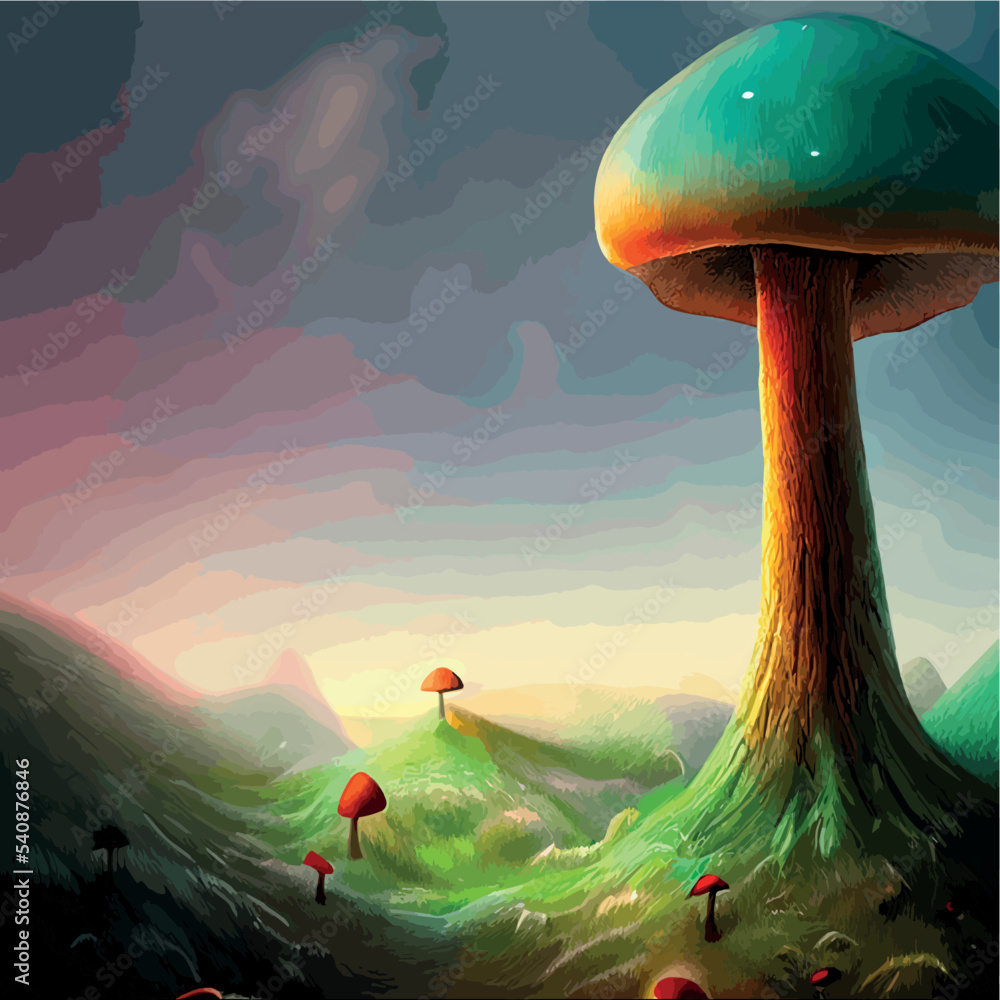surreal mushroom landscape, fantasy wonderland landscape with mushrooms ...