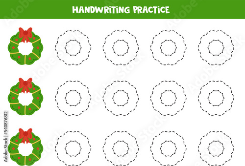 Tracing lines for kids with Christmas wreaths. Writing practice.