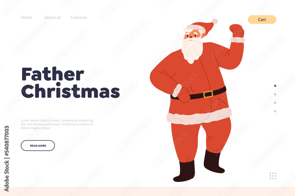 Father Christmas concept of landing page with happy dancing santa claus, cartoon xmas character Father Christmas concept of landing page with happy dancing santa claus, cartoon xmas character