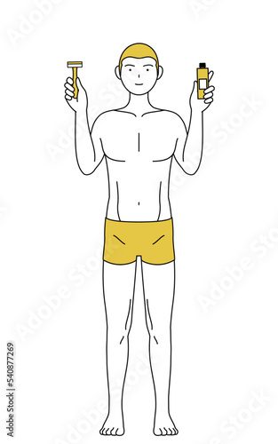 脱毛した男性の線画、除毛クリームと剃刀を持つポーズ