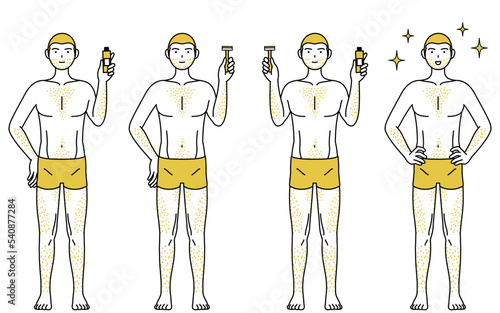 体毛が濃くて悩んでいる男性の線画ポーズセット、自己処理の除毛クリームやかみそりを持つポーズ