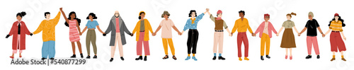 People hold hands, smiling happy men and women stand in row together. Modern multicultural society happiness or friendship. Male and female characters community Cartoon linear flat vector illustration