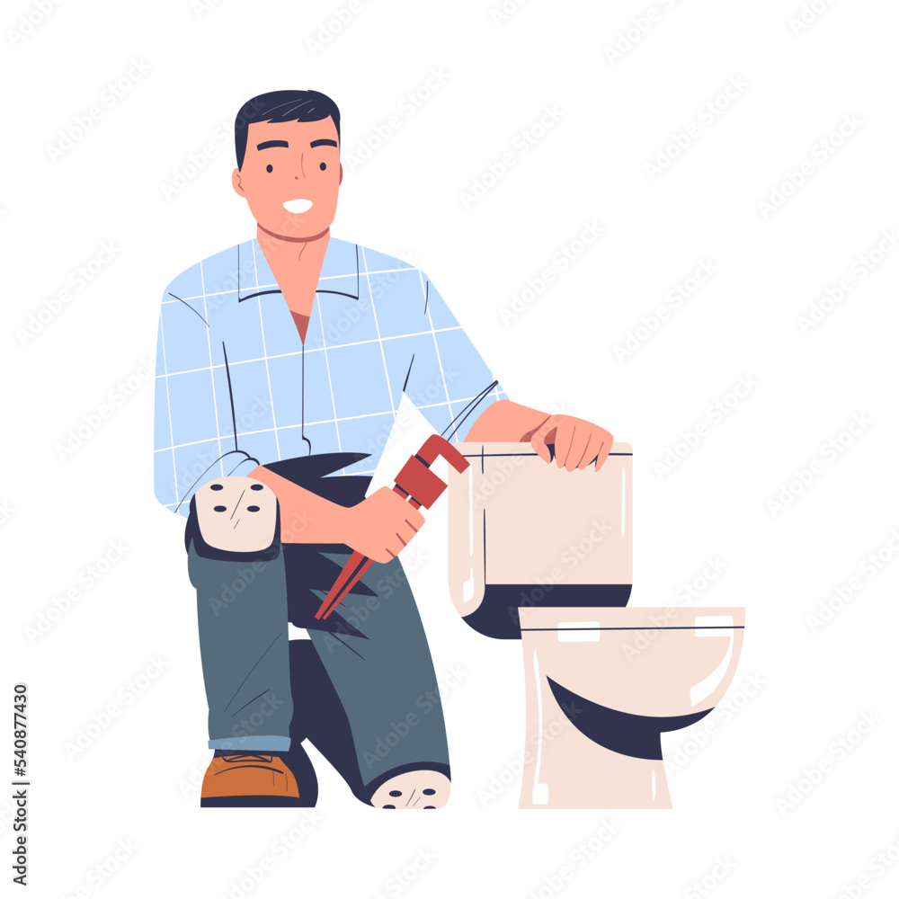 Man Plumber with Wrench Sitting Near Toilet Bowl Vector Illustration Man Plumber with Wrench Sitting Near Toilet Bowl Vector Illustration