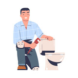 Man Plumber with Wrench Sitting Near Toilet Bowl Vector Illustration