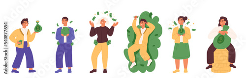 Rich people set. Happy young man and woman holding money bag, coins, lying on cash dollar currency