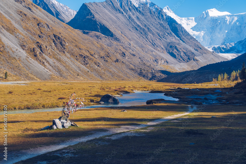 Fototapeta premium Belukha Mountain view from the Akkem lake. Mountain valley. Altai Mountains