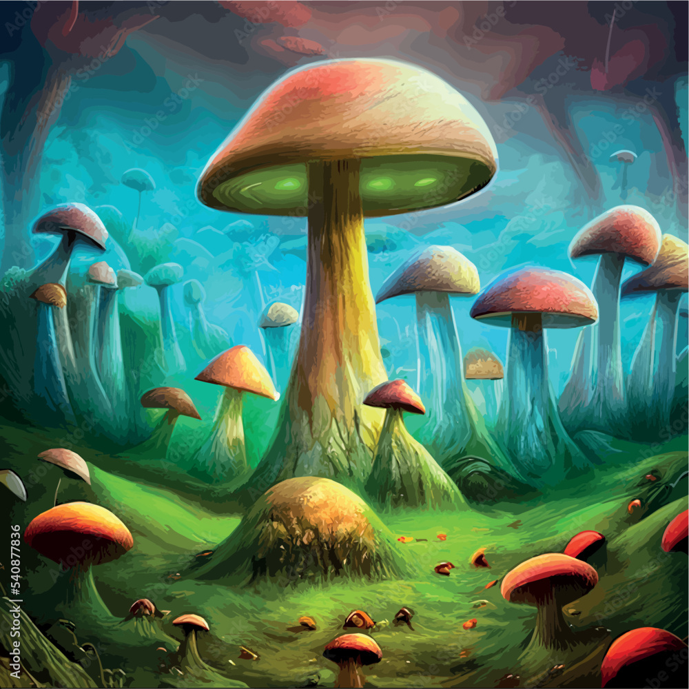 surreal mushroom landscape, fantasy wonderland landscape with mushrooms ...