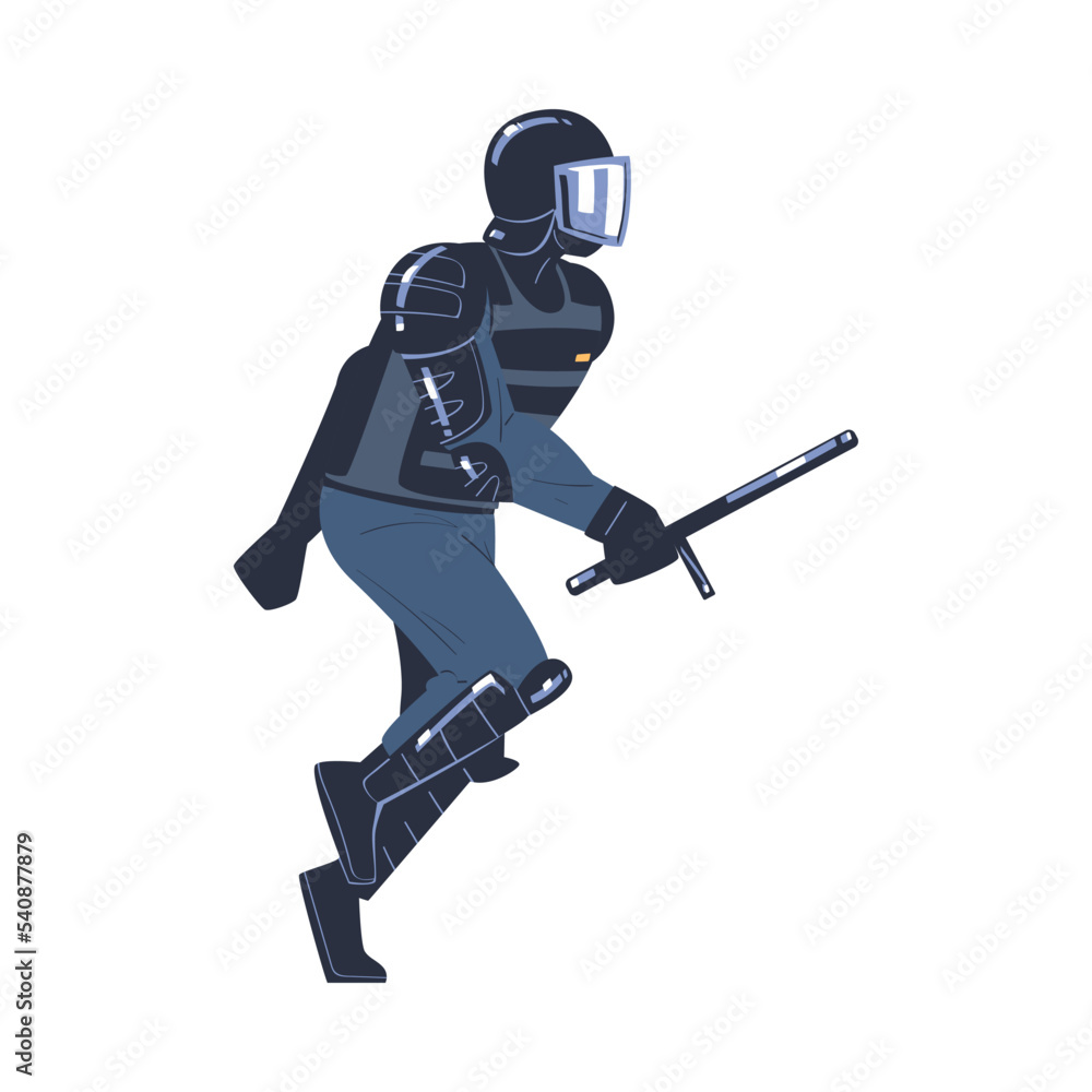 Riot Police Officer and Squad Member in Uniform and Helmet with Baton Maintaining Order Vector Illustration Riot Police Officer and Squad Member in Uniform and Helmet with Baton Maintaining Order Vector Illustration