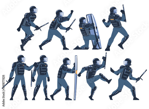 Riot Police Officer and Squad in Uniform and Helmet with Shield and Baton Confronting Crowds Vector Set