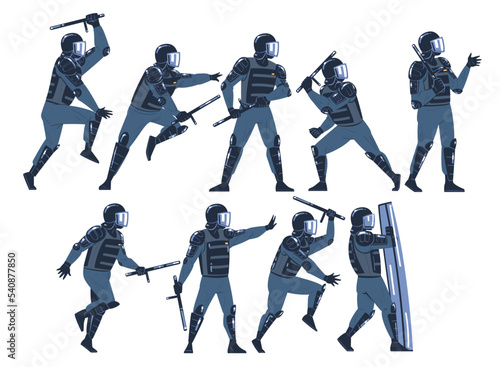 Riot Police Officer and Squad in Uniform and Helmet with Shield and Baton Confronting Crowds Vector Set
