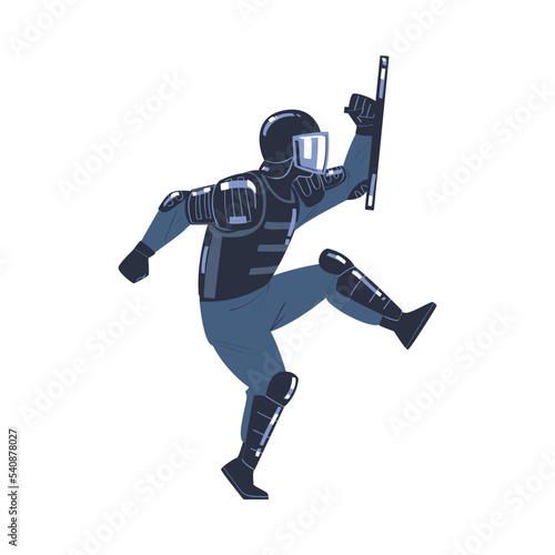Riot Police Officer and Squad Member in Uniform and Helmet with Baton Fighting Vector Illustration