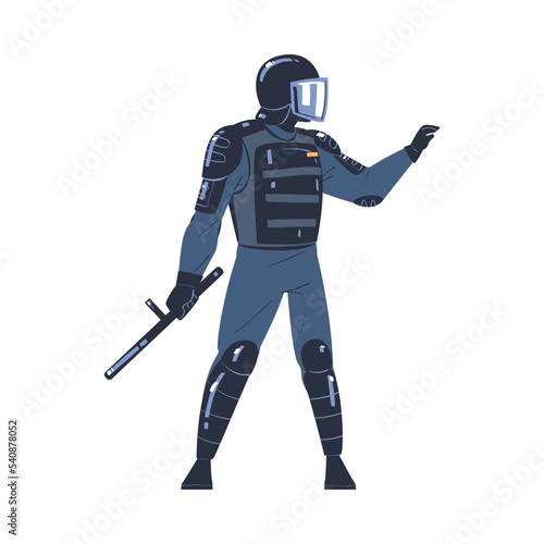 Riot Police Officer and Squad Member in Uniform and Helmet with Baton Maintaining Order Vector Illustration