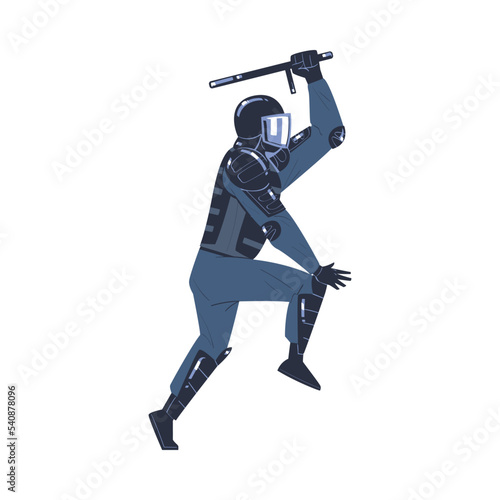 Riot Police Officer and Squad Member in Uniform and Helmet with Baton Fighting Vector Illustration