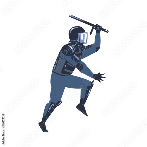 Riot Police Officer and Squad Member in Uniform and Helmet with Baton Fighting Vector Illustration