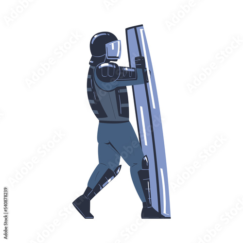 Riot Police Officer and Squad Member in Uniform and Helmet Hiding Under Shield Vector Illustration