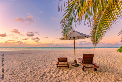 Amazing beach. Chairs on sandy beach sea. Luxury summer holiday and vacation resort hotel for tourism. Inspirational tropical landscape. Tranquil scenery, relax beach, beautiful landscape design